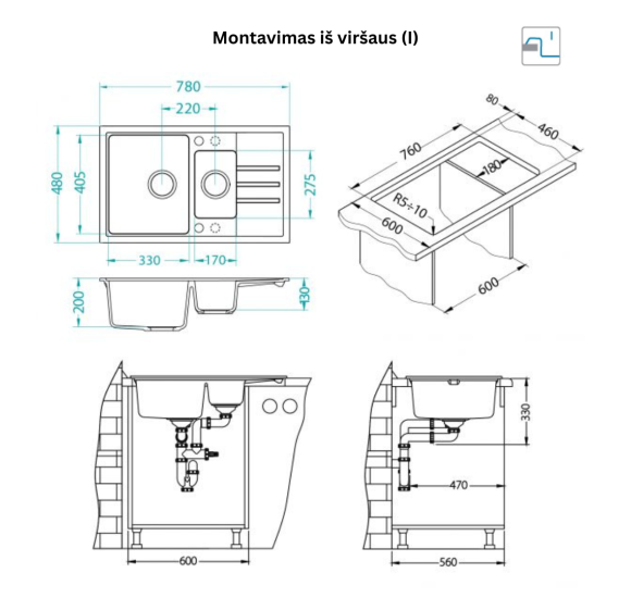 ALVEUS Intermezzo 70 granitinė plautuvė su papildomu dubeniu