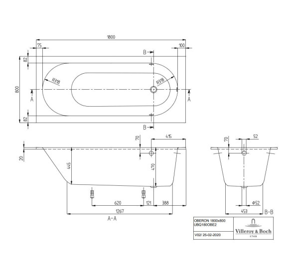 IŠPARDAVIMAS. Villeroy&Boch Quaryl® Oberon, stačiakampė vonia,180x80cm (su smulkiu pažeidimu paviršiuje)