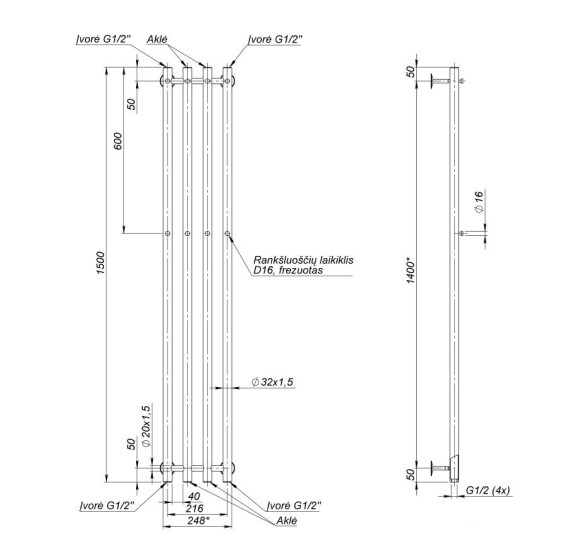 Wellmer Verona nerūdijančio plieno elektrinis džiovintuvas, 150 cm, 4 strypai