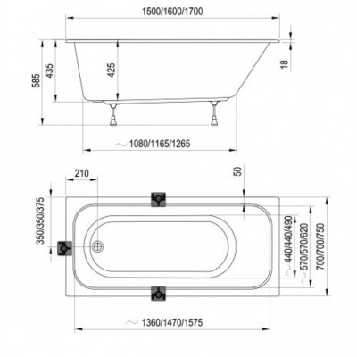 IŠPARDAVIMAS. Ravak Chrome Slim stačiakampės vonios komplektas 170x75, su apdaila, sifonu, kojelėmis (iš ekspozicijos)