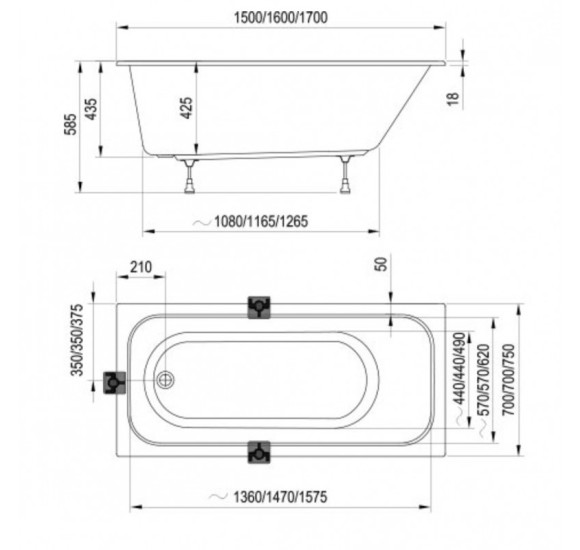 IŠPARDAVIMAS. Ravak Chrome Slim stačiakampės vonios komplektas 170x75, su apdaila, sifonu, kojelėmis (iš ekspozicijos)