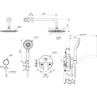 Ideal Standard Ceraflex potinkinė dušo sistema (BC447AA), chromo spalva