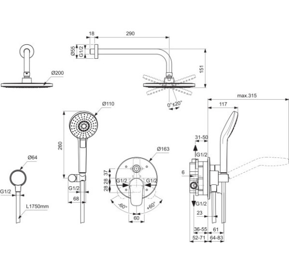 Ideal Standard Ceraflex potinkinė dušo sistema (BC447AA), chromo spalva