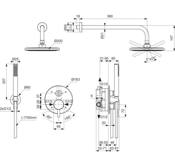 Ideal Standard Ceraline potinkinės dušo sistemos komplektas (pasirinkite spalvą)