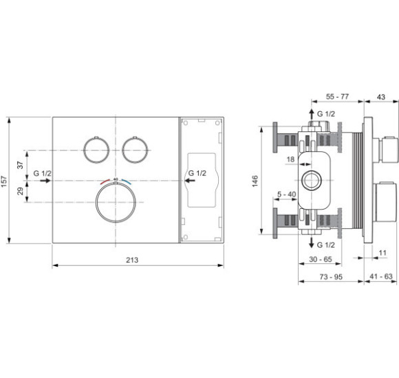 Ideal Standard CERATHERM NAVIGO SOLOS potinkinė termostatinė sistema su 300 mm lietaus galva
