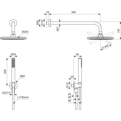 Ideal Standard Ceratherm potinkinio dušo komplektas, apvali 200 mm dušo galva, be maišytuvo