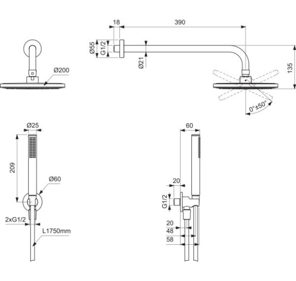 Ideal Standard Ceratherm potinkinio dušo komplektas, apvali 200 mm dušo galva, be maišytuvo