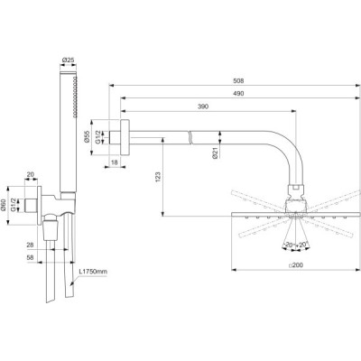 Ideal Standard Ceratherm potinkinio dušo komplektas, kvadratinė 200 mm dušo galva, be maišytuvo