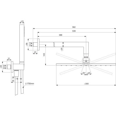 Ideal Standard Ceratherm potinkinio dušo komplektas, kvadratinė 300 mm lietaus galva, be maišytuvo