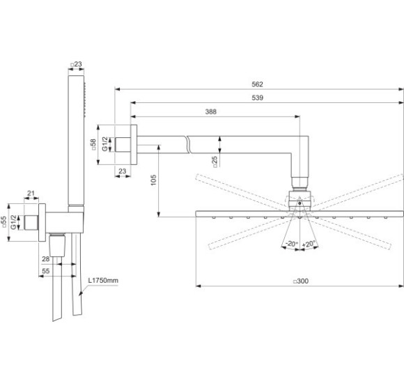 Ideal Standard Ceratherm potinkinio dušo komplektas, kvadratinė 300 mm lietaus galva, be maišytuvo