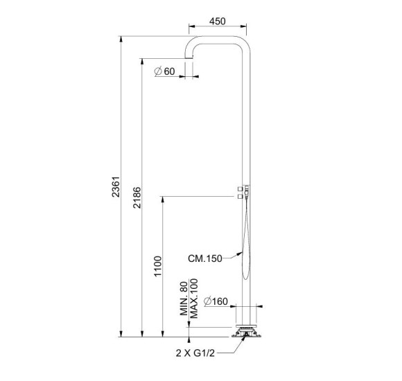 QD MagistroLab K2 nerūdijančio plieno stovas su maišytuvu, vidaus/lauko dušui