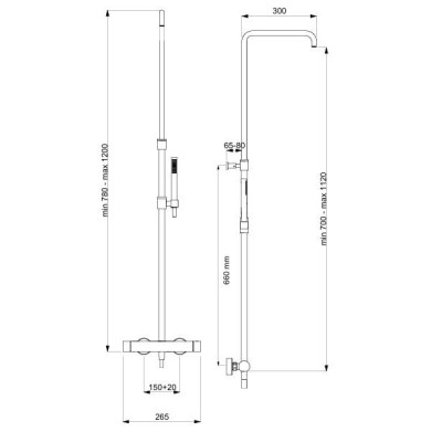 QD MagistroLab Venezia virštinkinė termostatinė sistema dušui, reguliuojamo aukščio