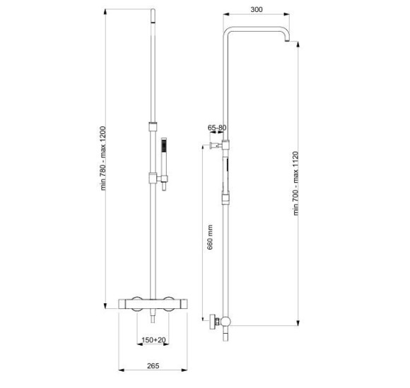 QD MagistroLab Venezia virštinkinė termostatinė sistema dušui, reguliuojamo aukščio