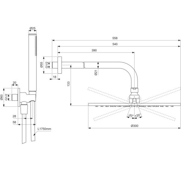 Ideal Standard Ceratherm potinkinis dušo komplektas su 300 mm dušo galva, be maišytuvo