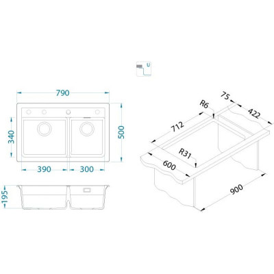 ALVEUS Atrox 50 granitinė plautuvė su dvigubu dubeniu
