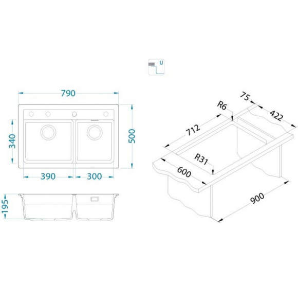 ALVEUS Atrox 50 granitinė plautuvė su dvigubu dubeniu