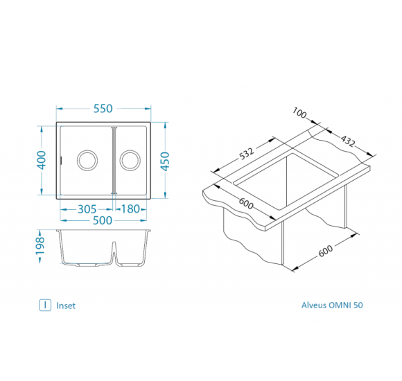ALVEUS Omni 50 granitinė plautuvė su dvigubu dubeniu