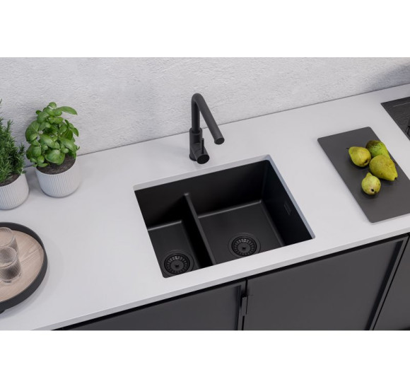 ALVEUS Omni 50 granitinė plautuvė su dvigubu dubeniu (Black Edition)