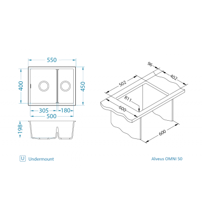 ALVEUS Omni 50 granitinė plautuvė su dvigubu dubeniu (Black Edition)