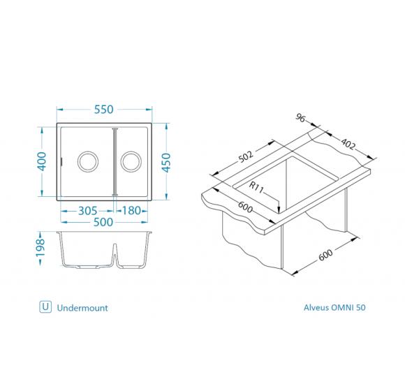 ALVEUS Omni 50 granitinė plautuvė su dvigubu dubeniu (Black Edition)