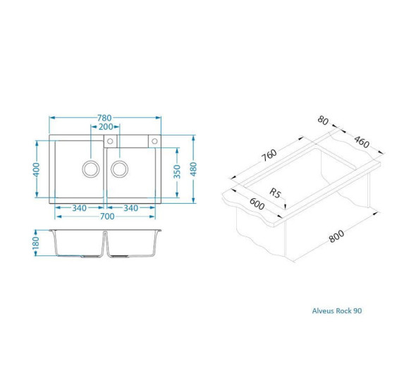 ALVEUS Rock 90 dviguba granitinė plautuvė