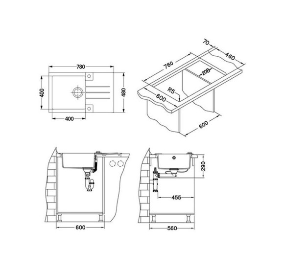 ALVEUS Rock 130 granitinė plautuvė su nusausinimo zona