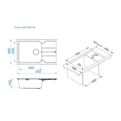 Alveus Record 40 granitinė plautuvė su nusausinimo zona