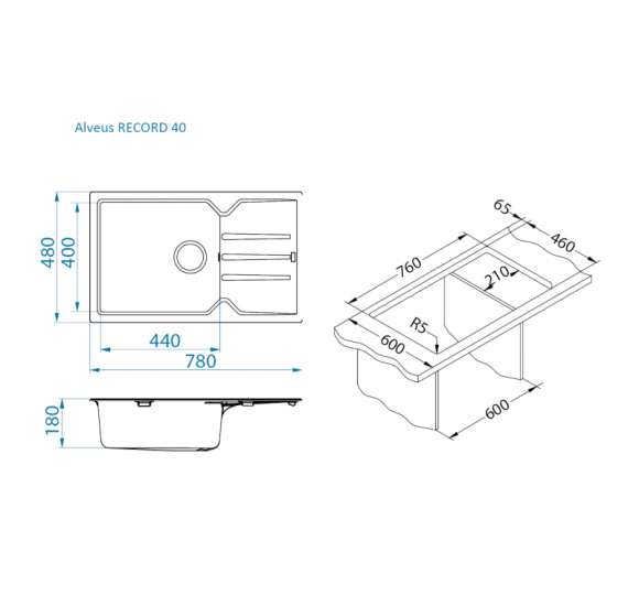 Alveus Record 40 granitinė plautuvė su nusausinimo zona