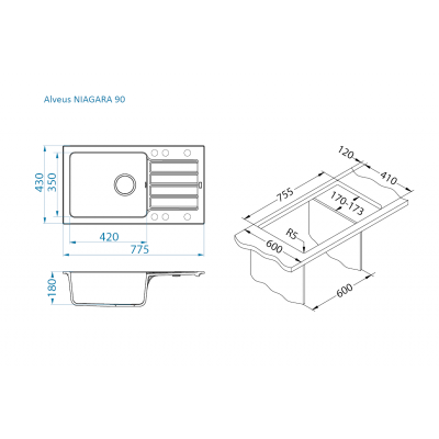 ALVEUS Niagara 90 granitinė plautuvė (pasirenkama spalva)