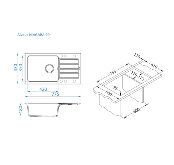 ALVEUS Niagara 90 granitinė plautuvė (pasirenkama spalva)