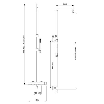 QD MagistroLab Venezia virštinkinė termostatinė sistema dušui, reguliuojamo aukščio (pasirinkite spalvą)