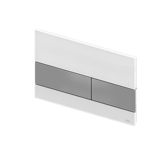 TECEsquare dvigubas vandens nuleidimo klavišas (baltas stiklas, klavišai matinio nerūdijančio plieno spalvos)