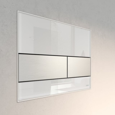 TECEsquare dvigubas vandens nuleidimo klavišas (baltas stiklas, klavišai matinio nerūdijančio plieno spalvos)