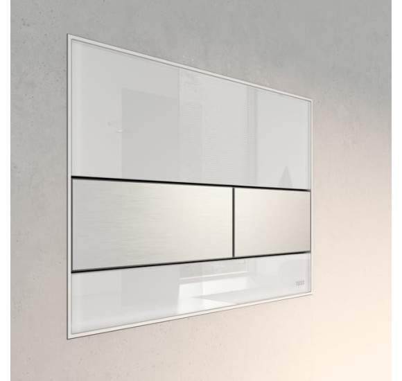 TECEsquare dvigubas vandens nuleidimo klavišas (baltas stiklas, klavišai matinio nerūdijančio plieno spalvos)