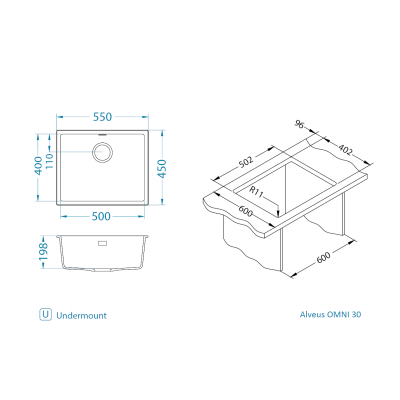 ALVEUS 3in1 komplektas: plautuvė, maišytuvas su ištraukiamu dušeliu ir sifonas