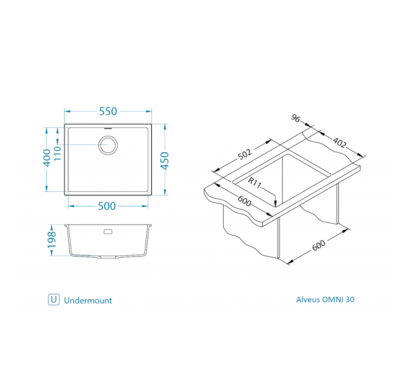 ALVEUS 3in1 komplektas: plautuvė, maišytuvas su ištraukiamu dušeliu ir sifonas