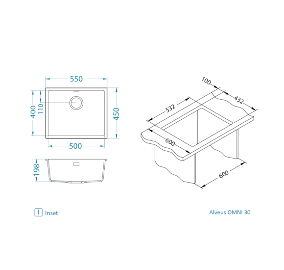 ALVEUS 3in1 komplektas: plautuvė, maišytuvas su ištraukiamu dušeliu ir sifonas