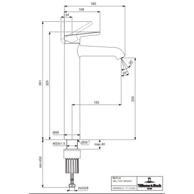 Villeroy&Boch Skyla aukštas praustuvo maišytuvas, be dugno vožtuvo