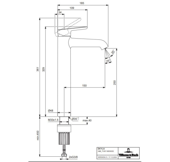 Villeroy&Boch Skyla aukštas praustuvo maišytuvas, be dugno vožtuvo