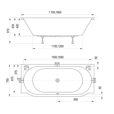 Ravak ARC akrilinė vonia be apdailų, 170x75
