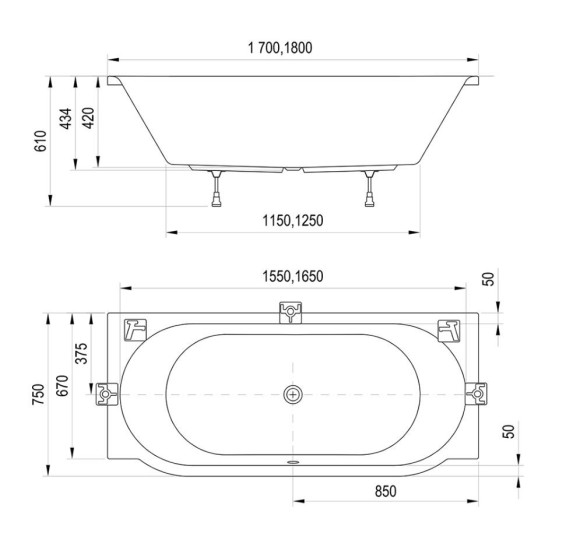 Ravak ARC akrilinė vonia be apdailų, 170x75