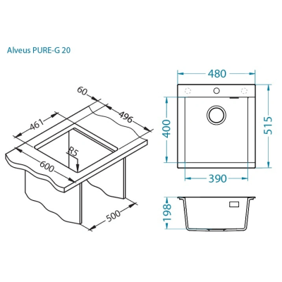 ALVEUS Pure-G 20 akmens masės plautuvė, montuojama iš stalviršio viršaus (Black Edition)