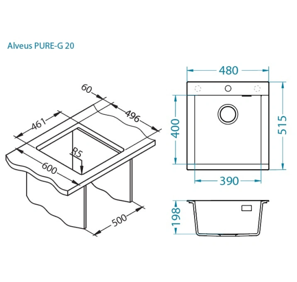 ALVEUS Pure-G 20 akmens masės plautuvė, montuojama iš stalviršio viršaus (Black Edition)