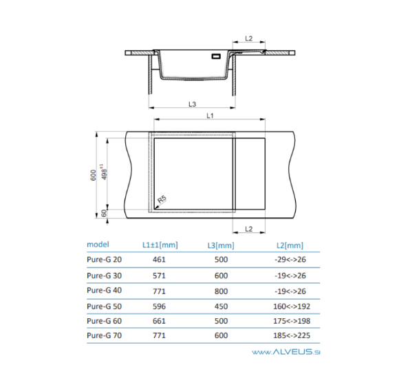 ALVEUS Pure-G 40 akmens masės plautuvė, montuojama iš stalviršio viršaus (Black Edition)