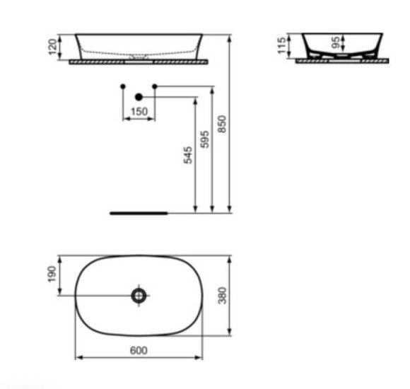 Ideal Standard Ipalyss ovalus praustuvas, montuojamas ant stalviršio 600 x 380 x 120 mm