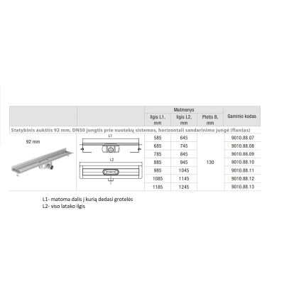 ACO ShowerDrain C latakas, su nerūdijančiojo plieno trapu, montuojamas prie sienos, aukštis  92mm