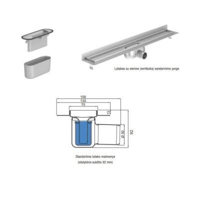 ACO ShowerDrain C latakas, su nerūdijančiojo plieno trapu, montuojamas prie sienos, aukštis  92mm
