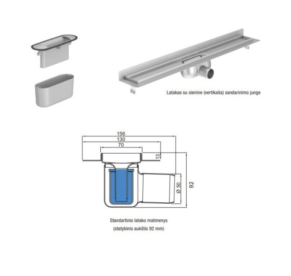 ACO ShowerDrain C latakas, su nerūdijančiojo plieno trapu, montuojamas prie sienos, aukštis  92mm