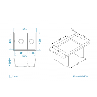 ALVEUS Omni 50 granitinė plautuvė su dvigubu dubeniu (Black Edition)