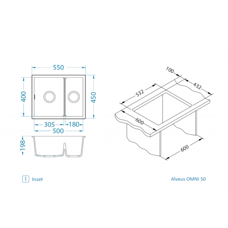 ALVEUS Omni 50 granitinė plautuvė su dvigubu dubeniu (Black Edition)